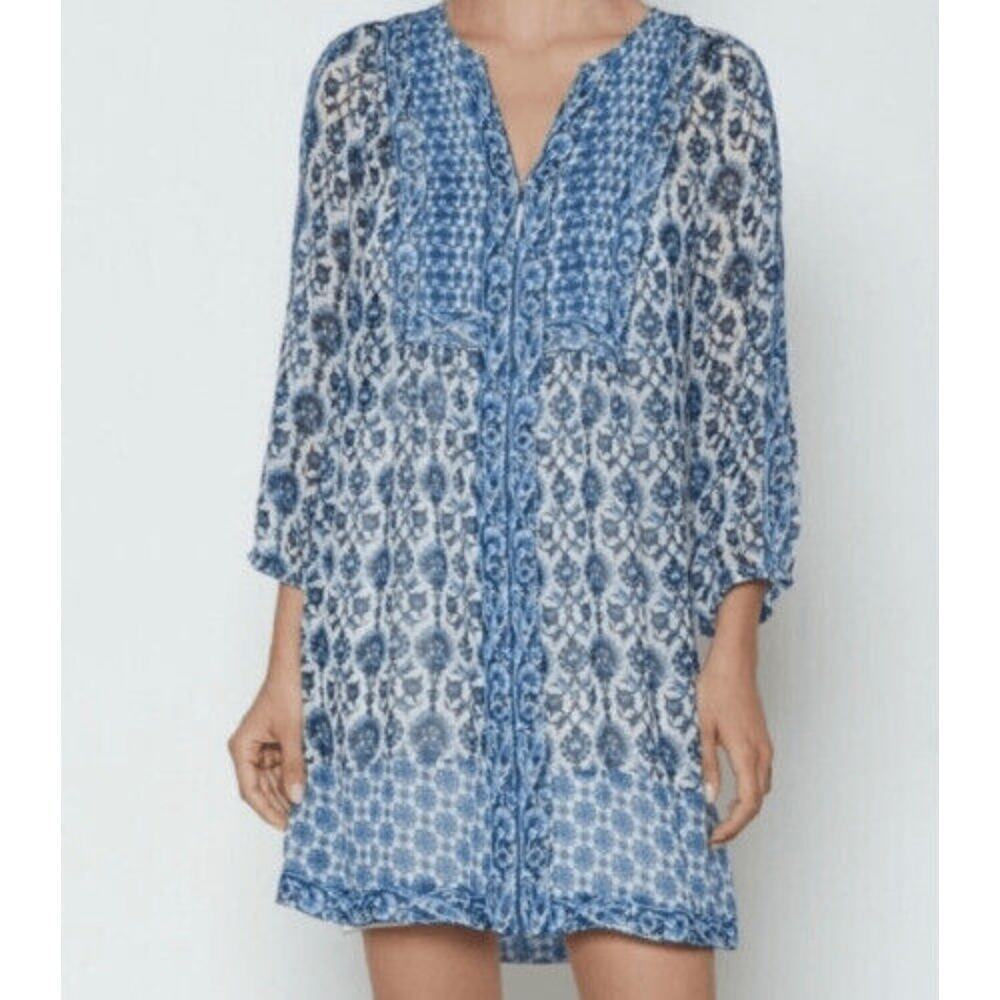 Joie Demko Silk Tunic Dress Blue & White V-Neck 3/4 Sleeve Mini Summer Size XS